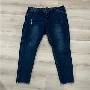 Dark Wash Skinny Jeans - Distressed Hem